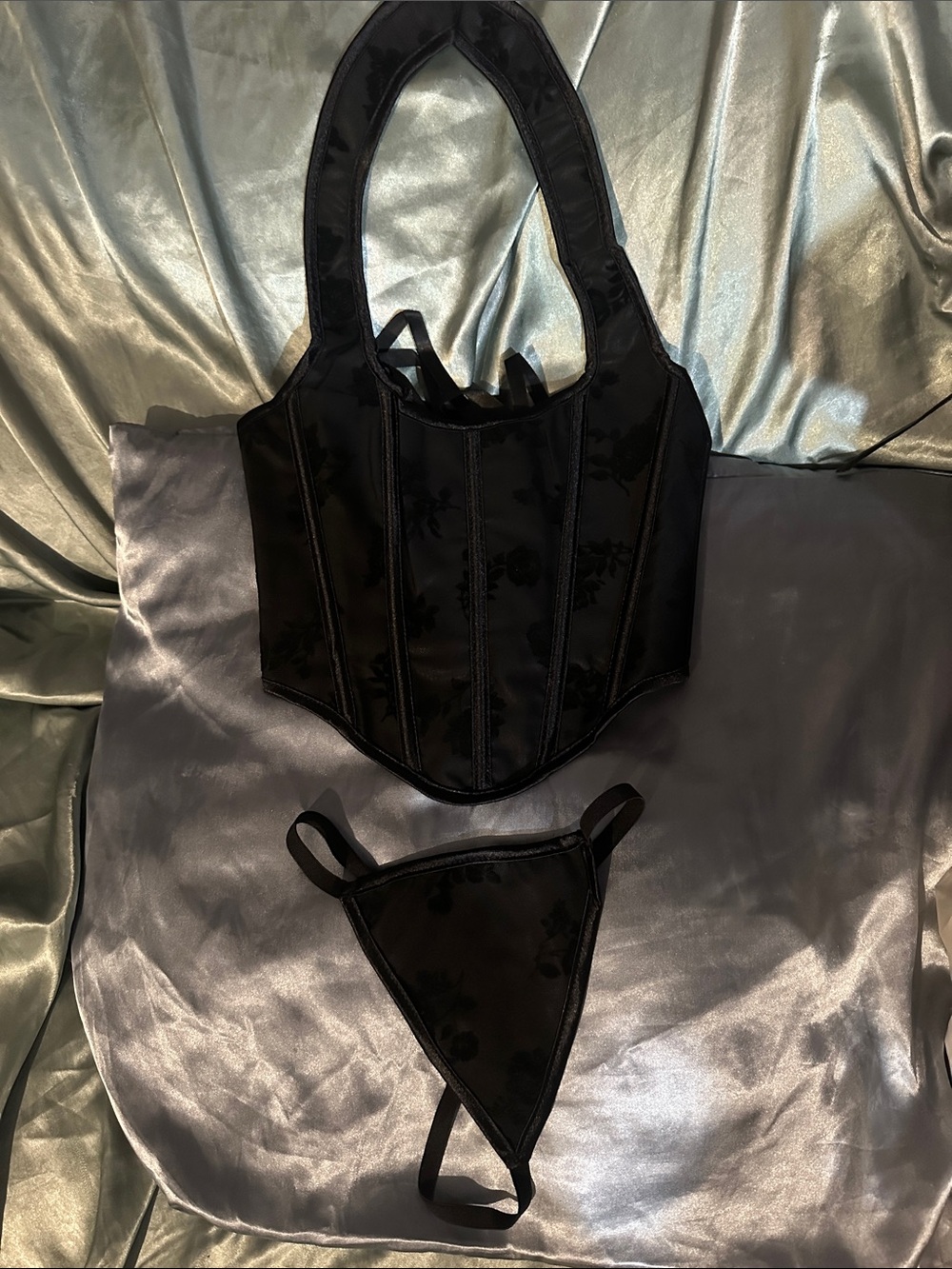 New sexy Black Women Satin felt garden detail Corset w thong xs-L-2 available
